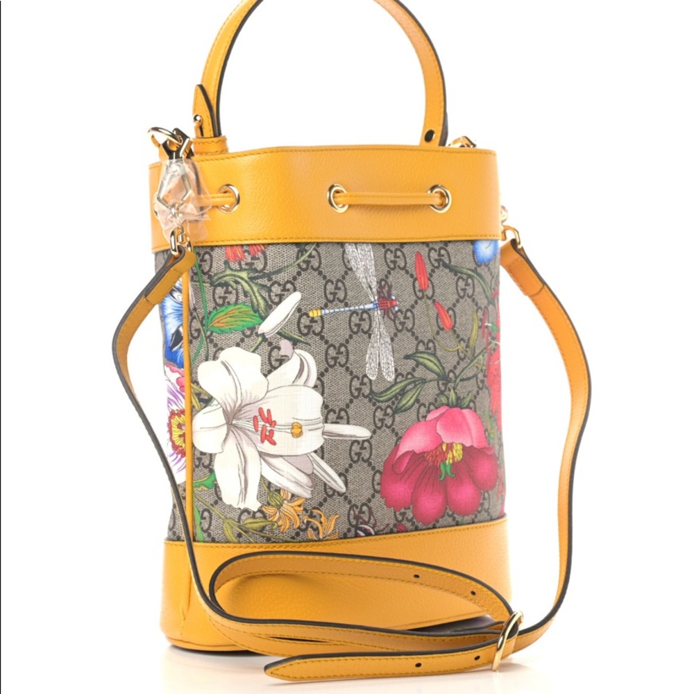 GG Supreme Monogram Flora Small Ophidia Bucket Bag Yellow